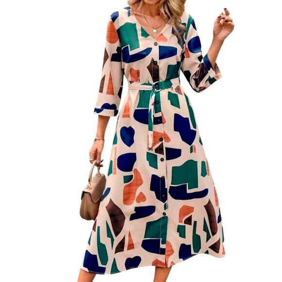 Mosaic Print Shirt Dress - Blue Orange Cream Green Belted Button Down - S - Picture 1 of 10